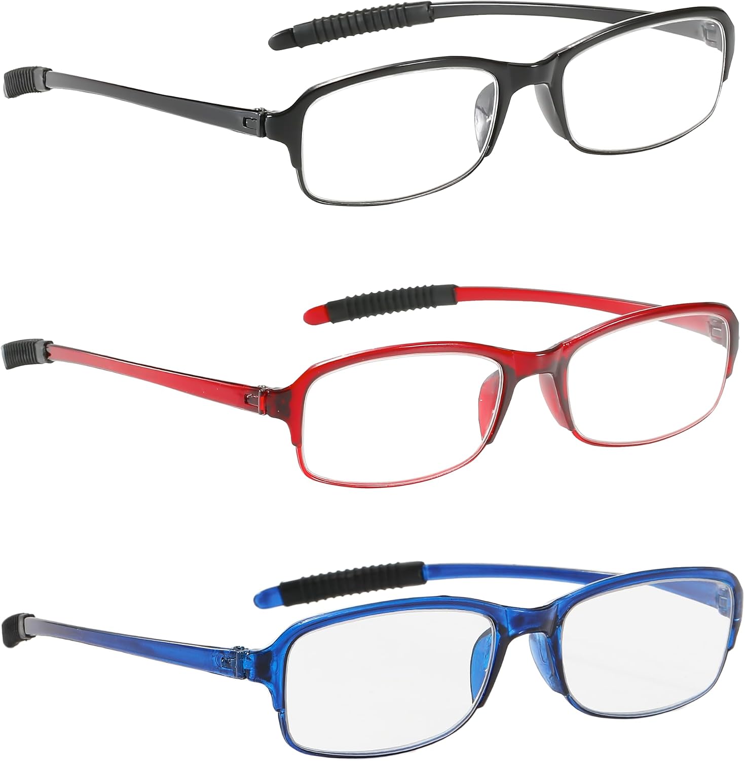 NRDIK PROFLEX Gafas de lectura flexibles (paquete de 3), antichoques, antiarañazos, antideslizantes, unisex (mujeres y hombres), colores variados, graduación +1,0, +1,5, +2,0, +2,5, +3,0, +3,5, +4,0