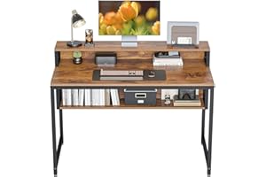 Cubiker Computer Home Office Desk, 120cm Small Desk Table with Storage Shelf and Bookshelf, Study Writing Table Modern Simple Style Space Saving Design, Deep Brown