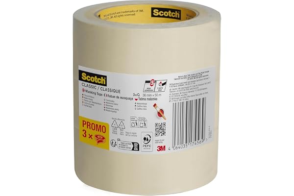 Scotch Ruban de Masquage Classique, Pack Promo de 3 Rouleaux, 36 mm x 50 m, Beige - Pour Peinture et Décoration Intérieure, 70% PEFC