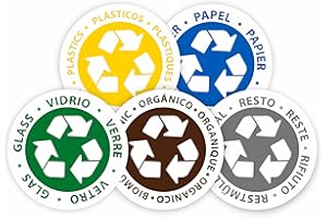 GOYAPRINT Pegatinas Reciclaje Pack 5ud de 14 cm Vidrio Papel Plastico Organico Resto Etiquetas Adhesivas Varios Idioma Gestion de Residuos para Exterior Hogar Oficina (14 cm)