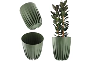 KADAX Pot de fleurs en plastique avec matériaux naturels, pots de fleurs modernes, avec motif géométrique, pot de fleurs rond avec insert, pot de fleurs naturel, diamètre 25 cm, vert foncé