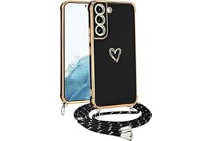 Meeter Funda Cuerda para Samsung Galaxy S22, Carcasa con Correa Collar Silicona TPU Ultra Fina Flexible Case Anti-Choques y Anti- Arañazos, Cámara Protección Love-Heart Cordón Cover,Negro