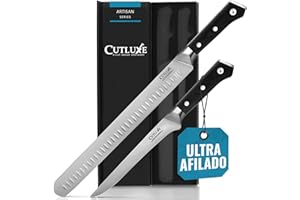 Cutluxe Set de Cuchillos Trinchar Profesional BBQ (2 piezas) - Cuchillo Jamonero Profesional de Carne Y Cuchillo Deshuesador - Cuchillos Cocina con Acero Alemán - Mango Ergonómico - Serie Artisan