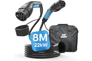 ‎EVDANCE EVDANCE Typ 2 Ladekabel 22kW | 32A | 8m | 3-Phasig | Typ 2 auf Typ 2 | mit Tasche für E Auto EV/PHEV, Kompatibel mit 3/S/X/Y, i3, ID.3, ID.4, E-Tron, IONIQ 5, ZOE, Kona EV, 500e, EQC