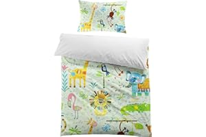 MUSOLEI Cute Animal Bedding Single Safari Giraffe Elephant Duvet Cover Set for Kids/Boys/Girls Jungle Single Bed Quilt Cover 135X200cm and Pillowcase 50x75cm(Green, 2Pcs)