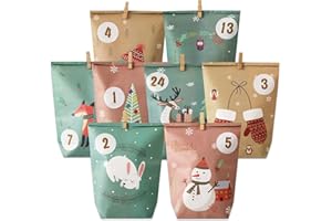 ONBAGLST Adventskalender zum Befüllen mit 24 Geschenktüten und 24 Nummernaufklebern sowie Holzklammern, Weihnachtskalender für Bastelarbeiten, Geschenke und Advent.