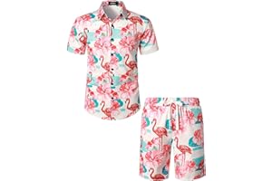 JOGAL Herren Hawaii Hemd Männer Flamingo Kurzarmhemd und Kurze Hose Set Strand Outfit Sommerhemd Für Mann