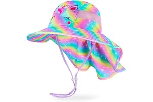 MHJY Sombrero de Sol para Niñas Protección UV Verano Ajustable Gorro de Playa Sombrero Unicornio con ala Ancha y Solapa para el Cuello para Niños de 2 a 9 Años