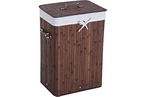 HOMCOM Cesto para Ropa Sucia Plegable de Bambú Cesto para Ropa Sucia con Tapa Asas y Bolsa Extraíble para Baño 40x30x60 cm Marrón
