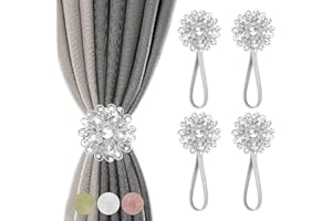 FACIACC Curtain Tie Backs Magnetic Curtain Tiebacks, Sparkling Curtain Ties, Crystal Floral Decorative Drapery Curtain Buckle Curtain Holder No Drilling Curtain Holdbacks for Home Office, 4 Pack