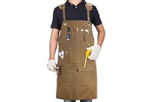 UPROZIL Work Apron with 12 Tool Pockets, Woodworking Apron with Thick Canvas Fabric, Shoulder Pads, Cross Back Strap Carpenters Apron Tool Apron Workshop Woodwork Gifts for Men Women