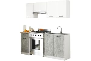 AKORD | Set di Mobili da Cucina Olivia 1.8m | Cucina Completa Piccola | Componibile | su Misura 46 x 180 x 174 cm | Per un design moderno e Tradizionale | Bianco & Cemento Frontale