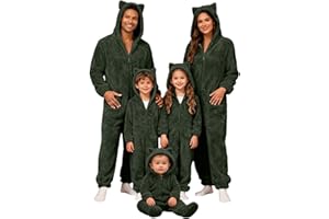 PXJSDWE Weihnachtspyjama Familie Set Einteiler Kuschelig Warm Jumpsuit Pyjama mit Bärenohren Kapuze Christmas Schlafanzug Teddy Fleece Overall Weich Casual Onesie Hausanzug für Damen Herren Kinder Baby