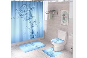 LucaSng Shower curtain set pattern Polyester shower curtain decoration shower curtain bath carpet toilet cover and U-shaped carpet non-slip bath carpet set180x200cm Blue tulip flower