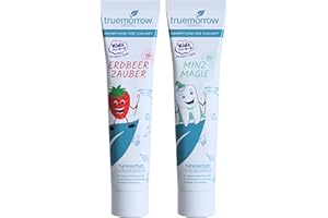‎TRUEMORROW truemorrow Children's Toothpaste with Organic Xylitol and Fluoride, No Titanium Dioxide & Microplastics, Sustainable Circulatory Tube, Set of 2 Toothpaste for Children with 1 x Strawberry and 1 x Mild