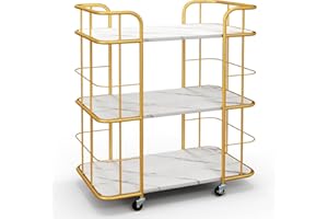 GiantexUK Serving Cart, 3-Tier Metal Frame Kitchen Cart Trolley with Faux Marble Shelves, Lockable Wheels & Handles, Modern Rolling Bar Trolley for Home Dining Living Room