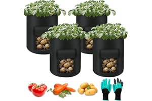 Helterfolg Sac de Culture de Pommes de Terre, Sac de Plantation avec Poignées Sangle et Rabat d’Accès, Sacs à Plantes avec Gants de Jardin pour Pommes Terre et Autres Légumes (4 Sacs,10 Gallon)