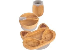 Tiny Dining Baby Feeding Set - Fox - Grey - 4pc - Divided Non-Slip Bamboo Self-Feeding Weaning Plate, Bowl, Drinking Cup & Spoon for Babies, Toddlers, Children