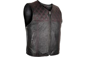 MDM Herren Lederweste Kutte mit Perforiertem Leder, in schwarz mit roten Nähten