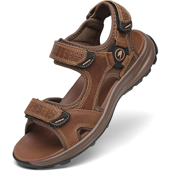 GILKUO Sandales Homme Cuir Bout Ouvert - Sandales Sport Outdoor Avec Scratch Réglables