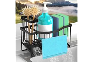 VILCEN Organizador Fregadero, Soporte Estropajo Fregadero de Cocina Acero Inoxidable con Bandeja de drenaje automática, Toallero Ajustables, Cocina Organizador de Lavado, Negro