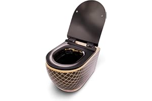 RD Luxury® | WC suspendu élégant noir et or avec motif à carreaux - Ensemble mural complet sans rebord en céramique. Inclus : siège WC en Duroplast Softclose et kit d'isolation phonique.
