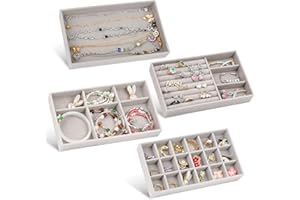 LDERFIV Lot de 4 Organisateur Bijoux Tiroir,Rangement Bijoux Tiroir Organiseur,Plateau à Bijoux Empilable, Plateau Bijoux Velours,Rangement Bijoux Tiroi Pour Colliers,Bracelets et Boucles d’Oreilles