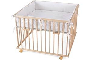 WALDIN Baby Playpen Approx. 100 x 100 cm Solid Beech Height Adjustable 2 Models Available Natural Untreated Fabric White/Grey Dots