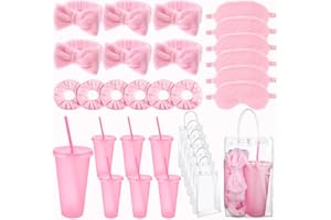 Kklolai 30 Pcs Sleepover Spa Party Supplies for Girls 6 Pink Plush Sleep Eye Mask 6 Make Up Headband 6 Cute Women Scrunchies 6 Reusable Glitter Cups 6 Clear Cosmetic Bags for Pamper Slumber Favours