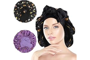 Arqumi Silk Bonnet - 2PCS Large Silk Hair Wrap for Sleeping Adjustable Satin Bonnet Hair Bonnet Sleep Cap with Elastic Stay On Head for Long Curly Thick Black Hair for Women Hair Care Purple&Black