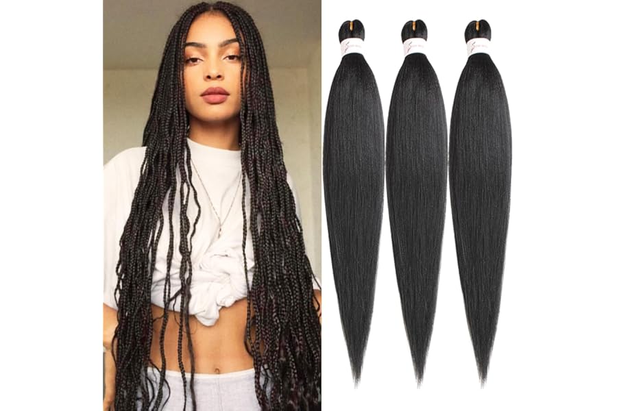 Leeven 3 Packs Pre Stretched Braiding Hair Extension Yaki Texture EZ Braids Hair for Coi Leray Braids Black Braiding Crochet Hair Extensions /30 Inch 1B#