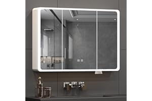 Buildonely Spiegelschrank Bad, Spiegelschrank mit LED Beleuchtung, Badschrank mit Antibeschlag-Funktion und Türen, Touchscreen-Steuerung, Doppeltür, 100 x 70 cm