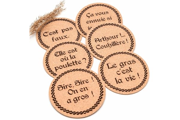 Lot de 6 dessous de verre en liège avec citation drôle au choix, idée cadeau fête des pères, 10cm