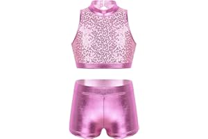 Doomiva Ensemble de Bain Vêtements de Danse Enfant Fille Ado Costume Gymnastique Brillant Paillette Haut de Danse Débardeur et Short de Sport Yoga Tenue Fille 5-14 Ans