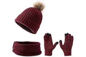 Embouro Damen 3-in-1-Pom-Pom Beanie-Schal-Handschuh-Set, Winterset für kaltes Wetter für Frauen mit abnehmbaren Pom-Poms