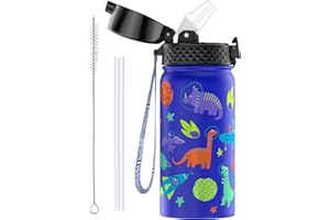 OLDLEY 420ml/14oz Kids Stainless Steel Insulated Water Bottle with Straw for School Reusable Metal Vacuum Small Flask Leakproof for Boys Girls Toddlers Children （Blue Dinosaur, 420ml