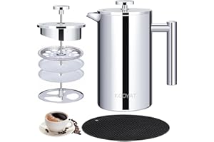 KOOYAT Cafetiere French Press Coffee Maker with Capacity of 1000ml / 8 Cup Double Walled Insulated Coffee Press for Ground Coffee at Home Travel Large Caffettiera Gift Set for Woman Man Silver Color