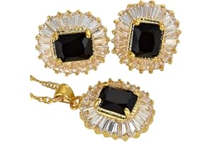 RIZILIA Jewellery Set Pendant with 18" Chain & Stud Earrings Rectangular Cut Gemstones CZ [5 Colours Available] in 18K Yellow Gold Plated, Simple Modern Elegance