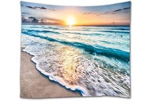A.Monamour Tapices de Pared Puesta De Sol Océano Azul Mar Océano Olas Arena Playa Naturaleza Paisaje Tela Tapicería Pared Tapices Decorativos Para El Dormitorio Sala De Estar Dormitorios 153x203cm