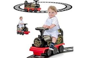 RELAX4LIFE 2 in 1 Macchina Elettrica per Bambini e Trenino Elettrico per Bambini con 16 Pezzi di Binari, Musica, Luci, Pedali Retrattili, 2 Anni+ (ROSSO)