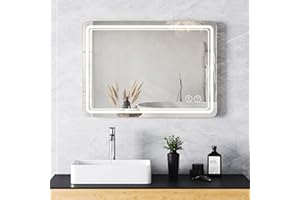 Lvifur Specchio Bagno con Illuminazione, 70 × 50 cm LED Specchi da Parete Interruttore Tattile Dimmerabile 3 Colori di Luce Bianco Caldo Antiappannamento per Camera da Letto Parrucchiere Hotel