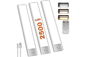 LUJASI LED Lampe de Placard avec Détecteur de Mouvement avec Télécommande 20CM 2500mAh 3000k-6000k 2 modes Dimmable Rechargeable USB-C,Éclairage étude de Cuisine Veilleuse Escalier (3 piece)