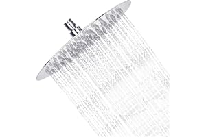 NUWIQ Fixed Rainfall Shower Head: 8 inch Round Stainless Steel Waterfall Showerhead for Replacement - High Pressure Overhead Mounted on Ceiling and Wall