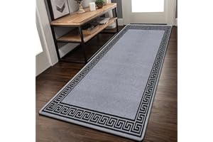 Rugs Shop Door Mats Indoor Non Slip Mat Carpet Runners for Hallways Geometrical Border Low Profile Washable Runner Rug for Kitchen, Front Door Hall Hallways Living Room (80 x 150 cm, Grey Black)
