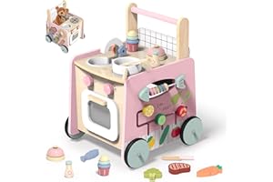 ITSLIFE Lauflernwagen Holz, 9 in 1 Baby Lauflernhilfe mit Montessori Spielzeug und Spielküche, Holzspielzeug mit Rädern und Stauraum, Baby Walker Geschenk für Jungen und Mädchen