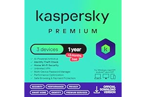 Kaspersky Premium 2025 | 3 Device | 1 Year +3 Months Free | AI Powered AV | Safe Browsing | Anti-Phishing | Unlimited VPN | Password Manager | Smart Home Monitor | Premium IT Support | PC/Mac/Mobile