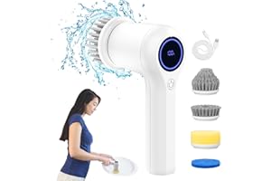 Smiling Shark Spazzola Elettrica, Spazzola Elettrica Senza Fili per Pulizia Rotante Ricaricabile Impermeabile IPX7 con Pannello LED&Spazzole 4PCS per Pulizia Bagno Cucina, Spazzola-Elettrica-Wireless