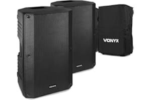 Vonyx VSA150S 15" Active DJ Speakers Pair with Bluetooth, 1000W Powered PA System, 2x Protective Speaker Bags, USB MP3, EQ, Microphone Guitar Inputs for Live Events