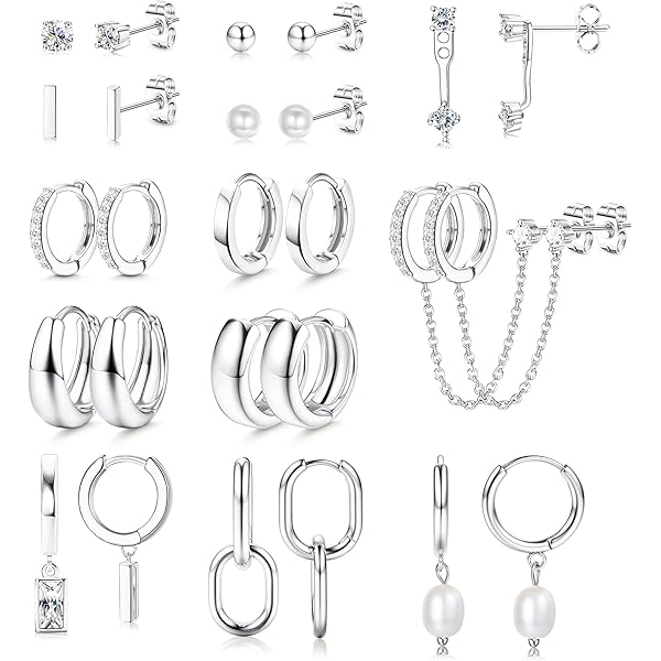 FUNEIA 5 Paar Ohrringe Silber 925 - 14k Vergoldet Mit Zirkonia Set