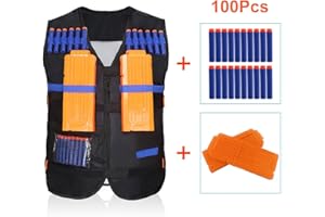 Yosoo Veste Tactique Enfant Elite Noir + 60/100Pcs Fléchettes Recharges Souples Balle Bullets + 2Pcs Dart Clips Chargeurs pour Pistolet Nerf N-Strike Elite série Jouet (100pcs)